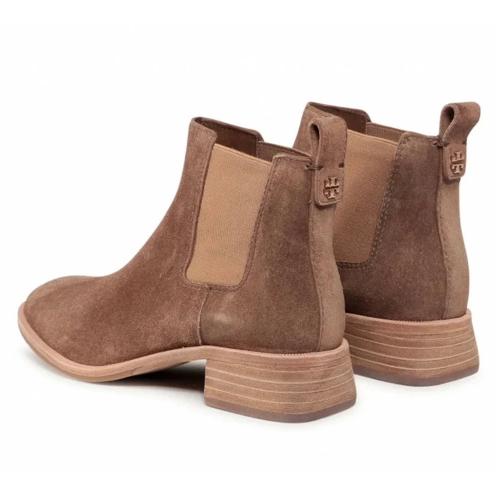 Tory Burch Suede Chelsea Ankle Boots Double T Logo Block Heel 6M River Rock